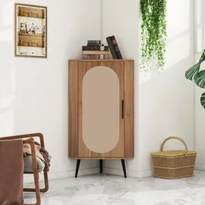 Corner cabinet ,Rattan door,Freestanding Corner Tables For Small Spaces, Corner Shelf Stand For Living Room, Kitchen, Bedroom