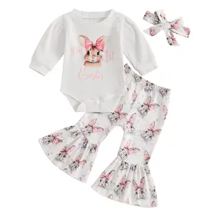 Canrulo My First Easter Outfits Baby Girl Bunny Print Bodysuit Long Sleeve Romper+Flare Pants+Headband Set Infant Easter Clothes Gift Sets