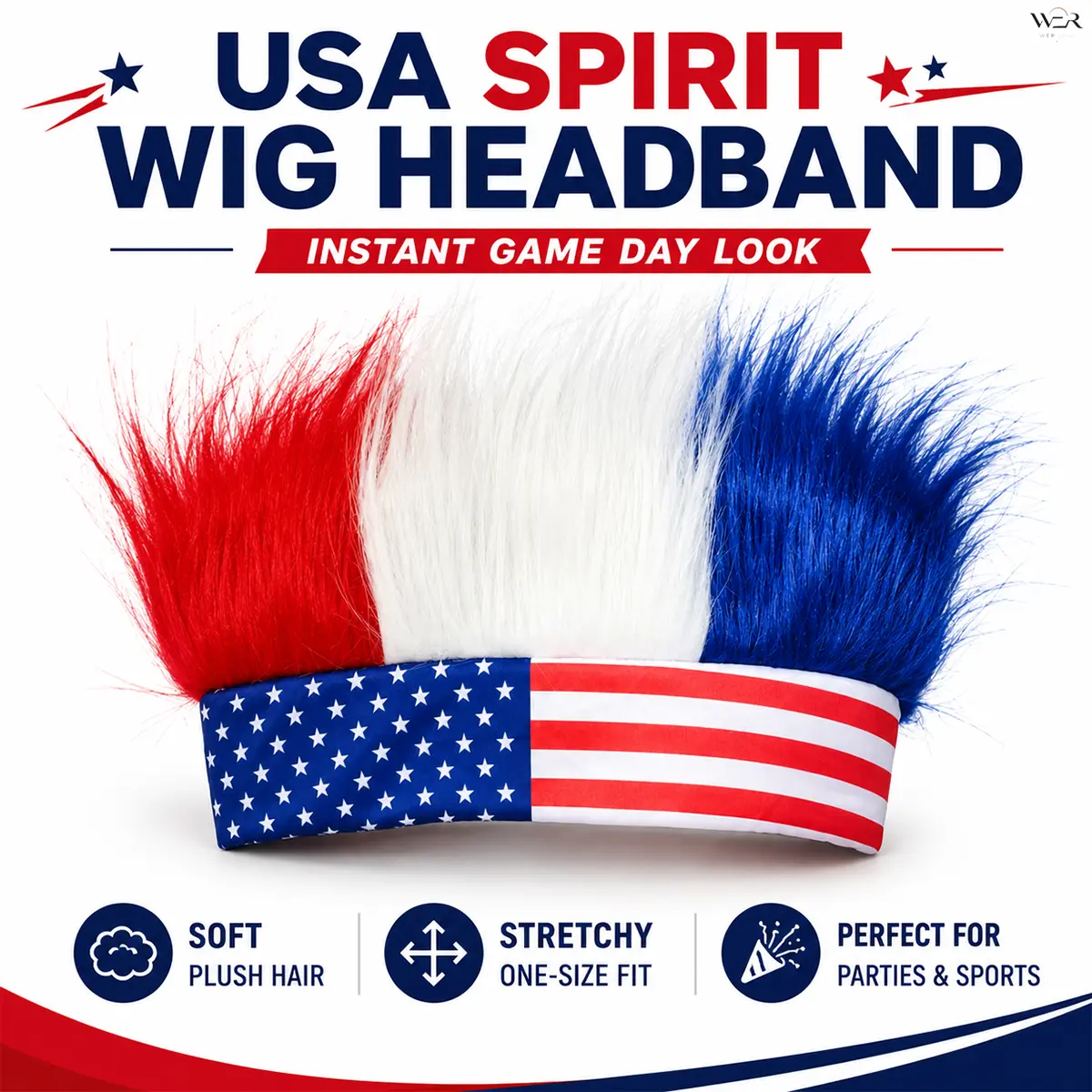 Unisex Bold Mohawk Fur Headband - USA Spirit Red White Blue Flag Print, Sparkling, Lightweight, Comfortable, Versatile Patriotic Festive Style Accessory, Game-Day Ready, Bling Hair Fashion Item, Male-Friendly Daily Wear Gift, Unisex Vibe