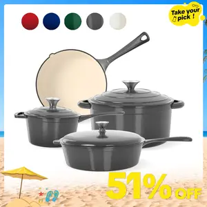 Kitchen Academy Grey Enamel Cast Iron 7 Piece Cookware Set, Dutch Oven Pot with Lid, Red Non Stick Pots and Pans set, Oven Safe up to 500°F Cooking