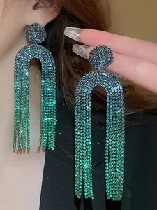 Shiny Deep Gradient Rhinestone Long Fringe Earrings, Women's Wedding Party Festival Jewelry, Elegant Drop Earring Design
