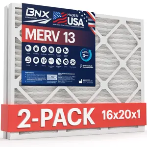 BNX TruFilter 16x20x1 Air Filter MERV 13 (2-Pack) - MADE IN USA - Electrostatic Pleated Air Conditioner HVAC AC Furnace Filters for Allergies, Pollen, Mold, Bacteria, Smoke, Allergen, MPR 1900 FPR 10
