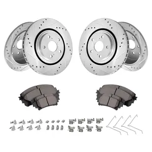 2010-2020 Toyota Sienna, 2010-2015 Lexus RX350 / RX450h & 2014-2019 Toyota Highlander Front & Rear Brake Kit – Drilled & Slotted Rotors with Ceramic Brake Pads Replacement Set