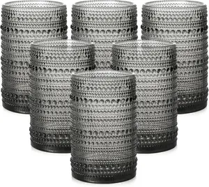 Glassware Drinking Glasses Set of 6,15 oz Hobnail Glass Cups,Embossed Grey Water Tumbler,for ,,,Juice and Various Mixed Drinks- 1 Cleaning Brush