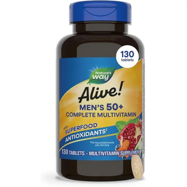 Nature's Way Alive! Men's 50+ Multivitamin Mineral Dietary Supplement Tablets, Daily Magnesium-Infused Support for Men Over 50, Cellular Energy Metabolism, Heart, Muscle & Eye Health*, High Potency, 130 Count