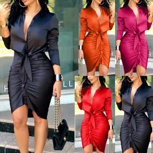 Women Lace-up Solid Color Long Sleeve Midi Dress Shirt Dress Elegant Fashion Party Dress Basic Clothes