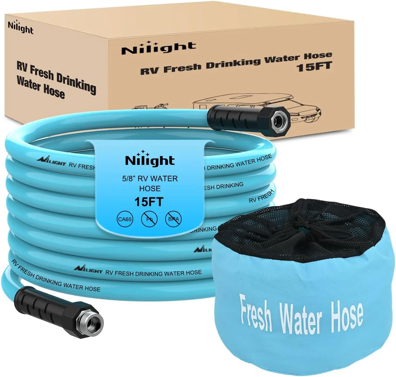 Nilight RV Water Hose 15FT Garden Drinking Hoses with Storage Bag Leakproof Anti-Kink 5/8" Inner Diameter Flexible Lightweight Freshwater Hose for RVs Campers Travel Trailer Boat Car Wash Accessories