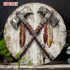 [2D Flat] Vintage Native Tomahawks & Feathers Art Round Metal Sign - Rustic Aluminum Wall Decor for Living Room, Cafe, or Deck - 12x12in, Expressive Zones, Frameless Design, New Year'S Gift Idea, Decorative Metal Art