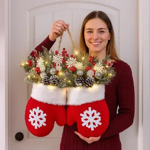 Flashing Christmas Glove Wreath With 20 LED, Christmas Wreath For Front Door With Artificial Pine Branches, Red Berries, And Frosted Pine Cones, Suitable For Indoor/Outdoor Decoration, Used For Christmas Tree, Wall Decoration