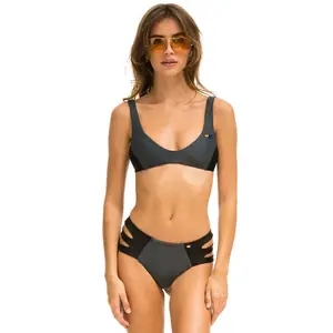 HI-WAISTED SIDE CUT OUT COLOR BLOCK CHEEKY BIKINI BOTTOMS - TITANIUM // BLACK