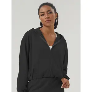 Women's Solid Zip Up Hooded Jacket, Sporty Drawstring Hem Pocket Drop Shoulder Long Sleeve Outerwear, Ladies Sportswear for Indoor Outdoor Wear