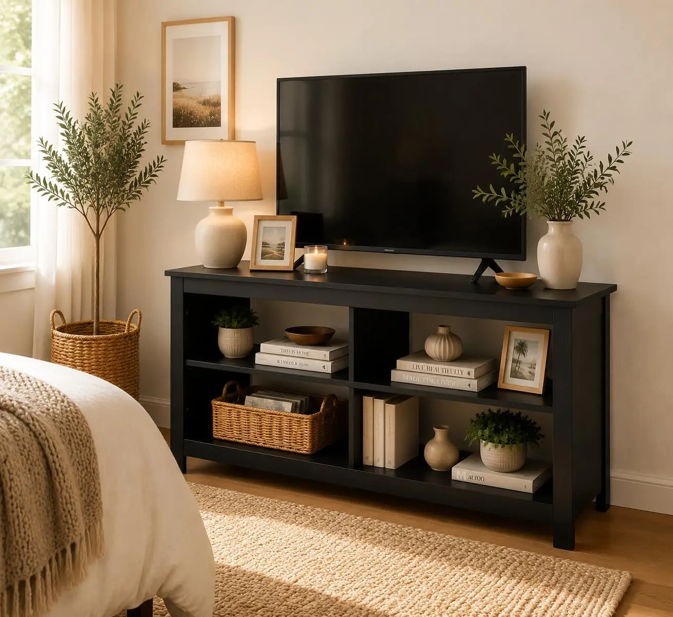 TV Stand for 50 Inch TV, Modern Mid Century Entertainment Center with Open Storage Shelves, Small TV Media Console Table for Living Room Bedroom Guest Room, 43.3" W x 13.8" D x 22.8" H sohochic