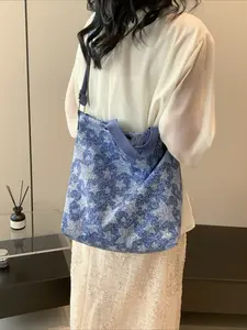Vintage Patchwork Colorblock Denim Canvas Large Capacity Bag for Women, New Fashion Retro Tote Bag, Shopping Bag, Canvas Tote Bags