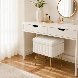 Faux Fur Vanity Stool with Storage Ottoman, White Makeup Vanity Chair for Bedroom, Cute Soft Footrest Bench with Metal Legs, Small Coffee Table Accent Stool, Easy Assembly