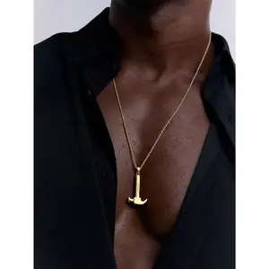 1pc Avant-garde Street Style Stainless Steel Hammer Texture Handle Necklace, Men's Daily Streetwear