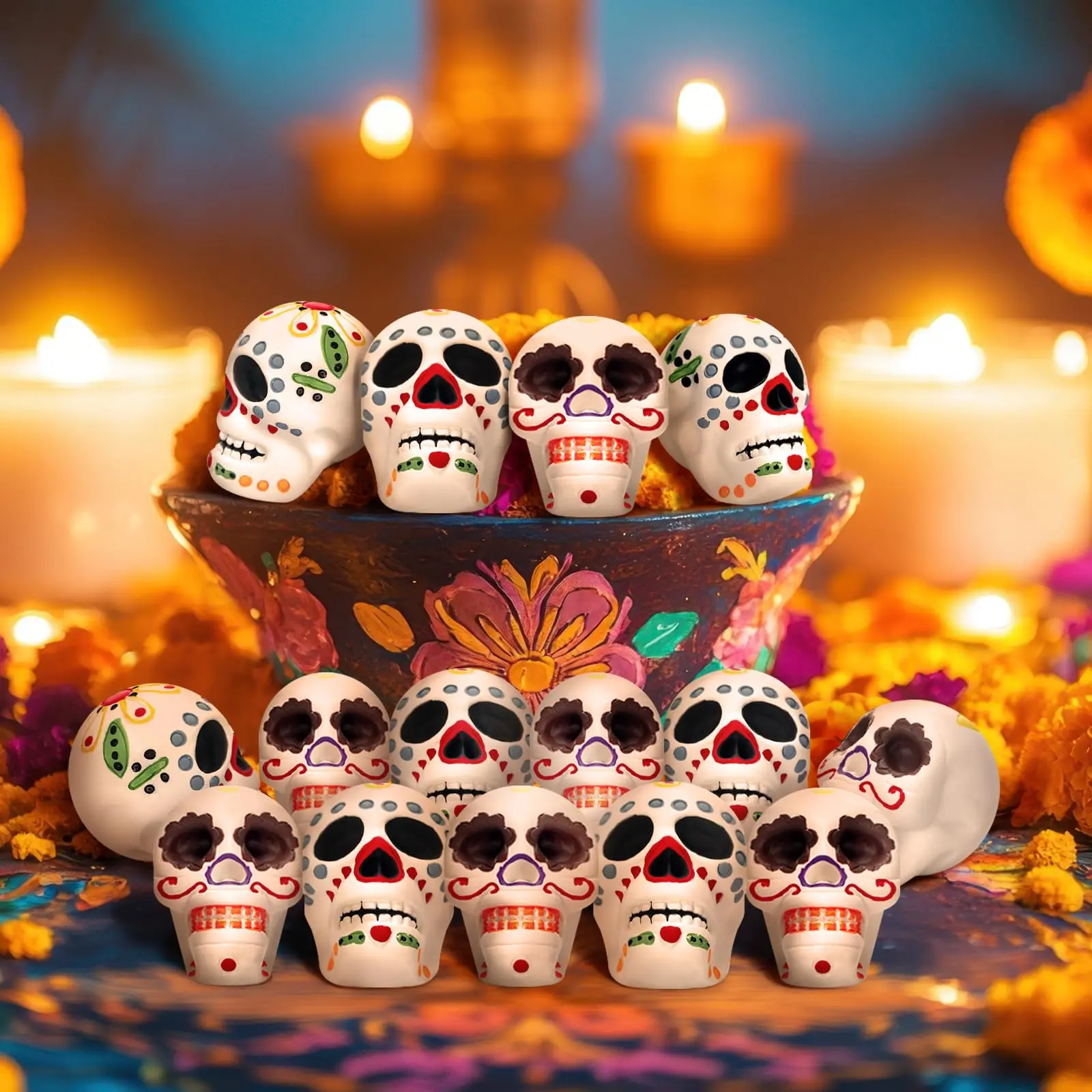 Day of The Dead Sugar Skull Table Decor Dia De Los Muertos Wooden Skull Centerpiece Mexican Halloween Altar Figurine for Party Home Room Decorations