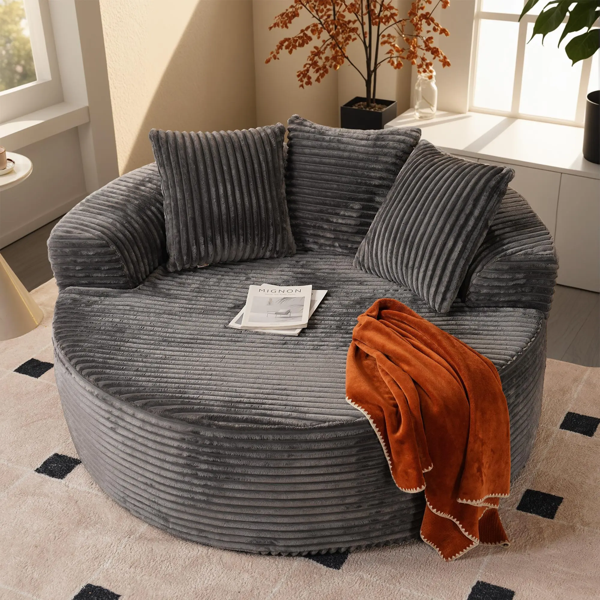 Oversized Round Cloud Couch, No Assembly Required, Plush Faux Fur Large Circle Lounge Chaise, Fluffy Modern Sleeper Sofa Bed for Living Room, Bedroom