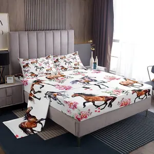 Western Horse Bedding Set for Kids - Romantic Farm Kawaii Watercolor Horse Sheet Set,Fitted Sheet Bedroom Decor