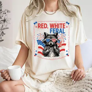 Feral Raccoon 4th of July Shirt, Red White Girl Tee, Patriotic Apparel