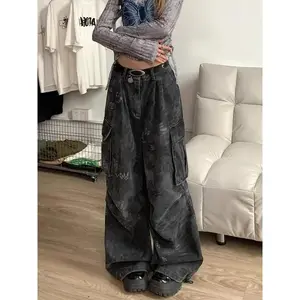Goth Dark Academia Jeans Women Grunge Japanese Abi Y2K Denim Cargo Pants 2000s Goblin Core Harajuku Cyber Punk Baggy Trousers Bottoms Womenswear Grey