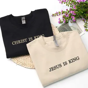 Embroidered Jesus Is King Crewneck: Faith-Based Sweater, Personalized Cross On The Sleeve, Christian Gift, Religious Inspirational Fall Winter Outfit Womenswear