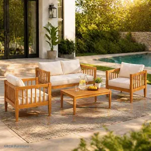 4-Piece Modern Acacia Wood Teak Finish Patio Set with 4 Seats, Outdoor Deep Seating Conversation Set, Thick Cushions, Coffee Table for Backyard Porch Balcony Furniture, Modern Patio Set