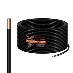 fathersdaygift VEVOR 12 AWG Solid THHN Wire, 100 OFC Copper Electrical Building Wire with Nylon Jacket PVC Insulation, Rated for Up to 600 Volts, Heavy-Duty for Residential, Industrial, Commercial, Black (100 Feet)