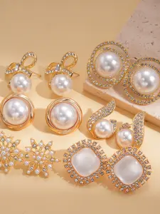 6pairs/set Rhinestone & Pearl French Luxury Elegant Earrings Jewelry Gift For Women, Suitable For Daily And Festival Wearing