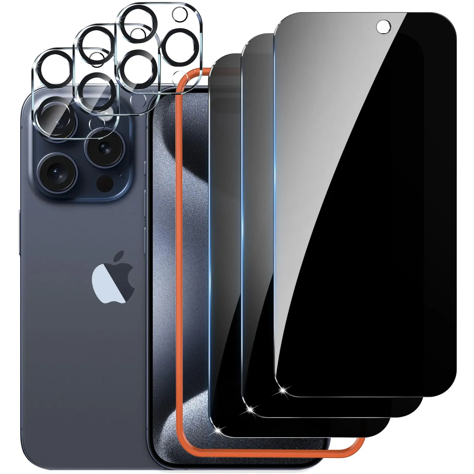 Protective Shockproof Tempered Glass Privacy Screen Protector (4-Pack) for iPhone 16/15/14/13/12/11 Pro Max, with 4-Pack Camera Lens Protector, Case-Friendly Mobile Phone Accessory