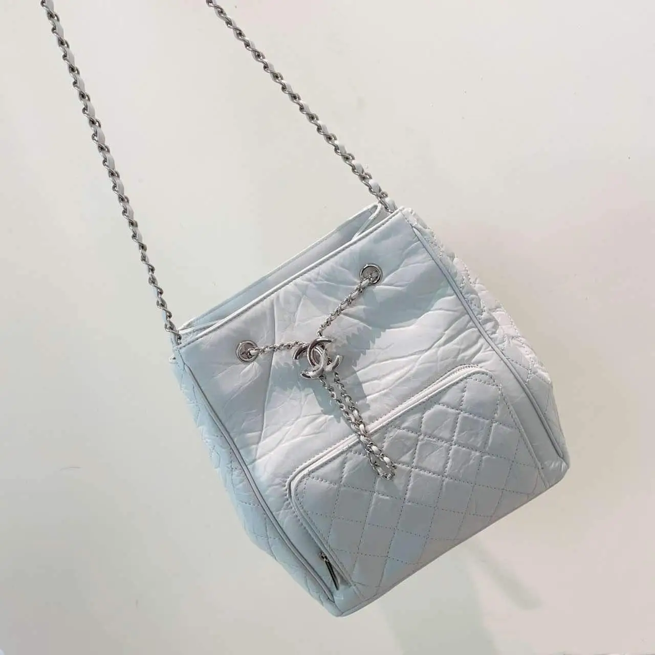 Pre-owned CHANEL calfskin Shoulder Bags CC Drawstring Pocket Bucket Bag Quilted Aged Small