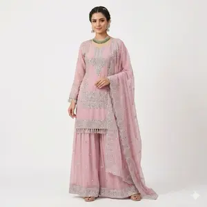 Designers Georgette Suites with Embroidery and Sharara Pants - Pink Color Womenswear Top Clothes