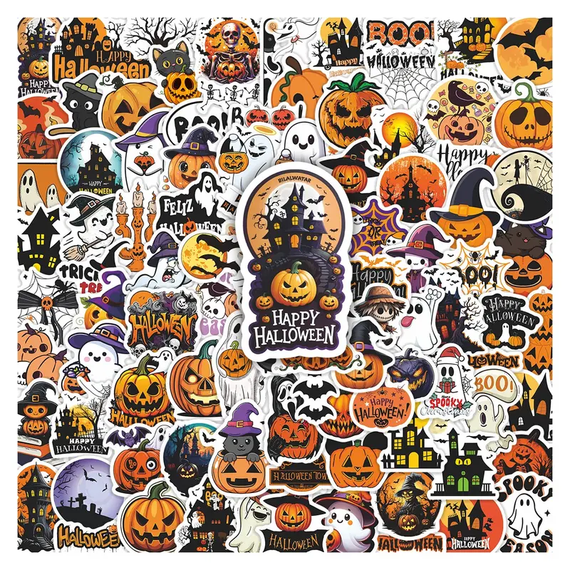 100pcs Halloween Themed Sticker Collage Pack, Waterproof Spooky Halloween Pumpkin & Ghost Decals for Laptop, Water Bottle, Journal & Scrapbook, Halloween Party Gift, Fun Stickers