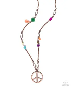Peaceful Playtime - Copper Peace Sign Colorful Bead Long Necklace - Paparazzi