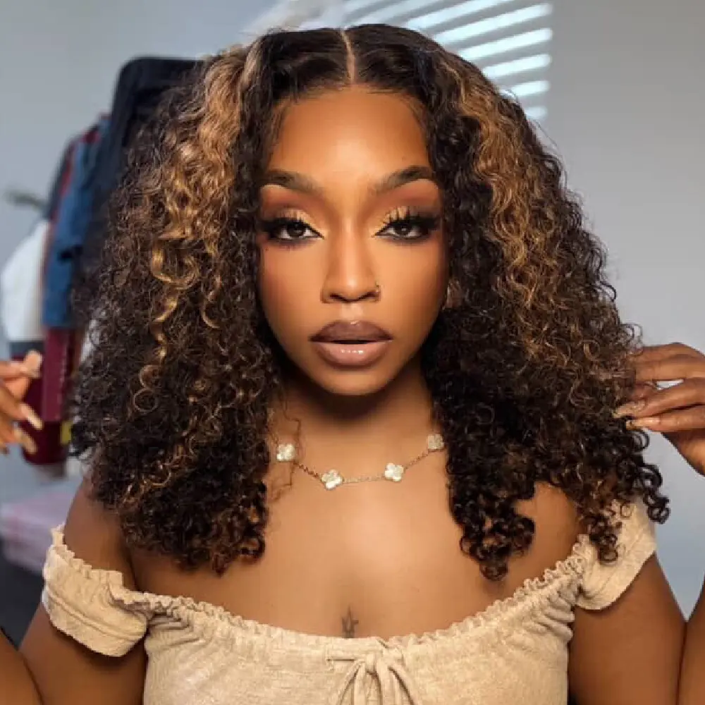 Ombre Highlight Kinky Short  Curly Wigs Human Hair Glueless Ready to Wear Pre Cut Lace 7x5 Closure Wig with Drawstring 1b/30 Colored Wig