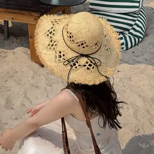 Popular Hollow Lafite Straw Hat Seaside Holiday Bow Beach Hat Photo Atmosphere Rough Straw Hat