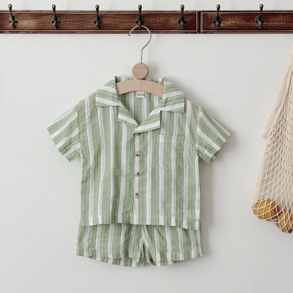 Two-piece summer baby clothing button design striped short sleeves + breathable comfortable shorts light green baby suit