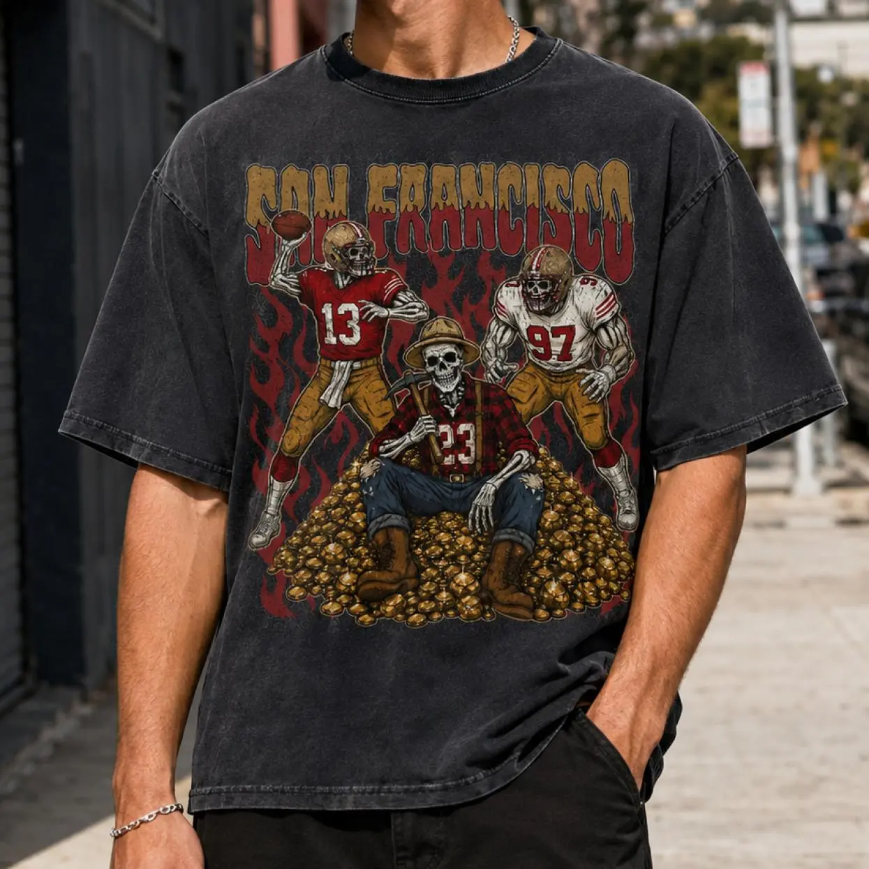 San Francisco Football Skull Washed Shirt, Vintage Brock Purdy Fan Tee, Game Day Gift For Football Fans, McCaffrey Football Hoodie
