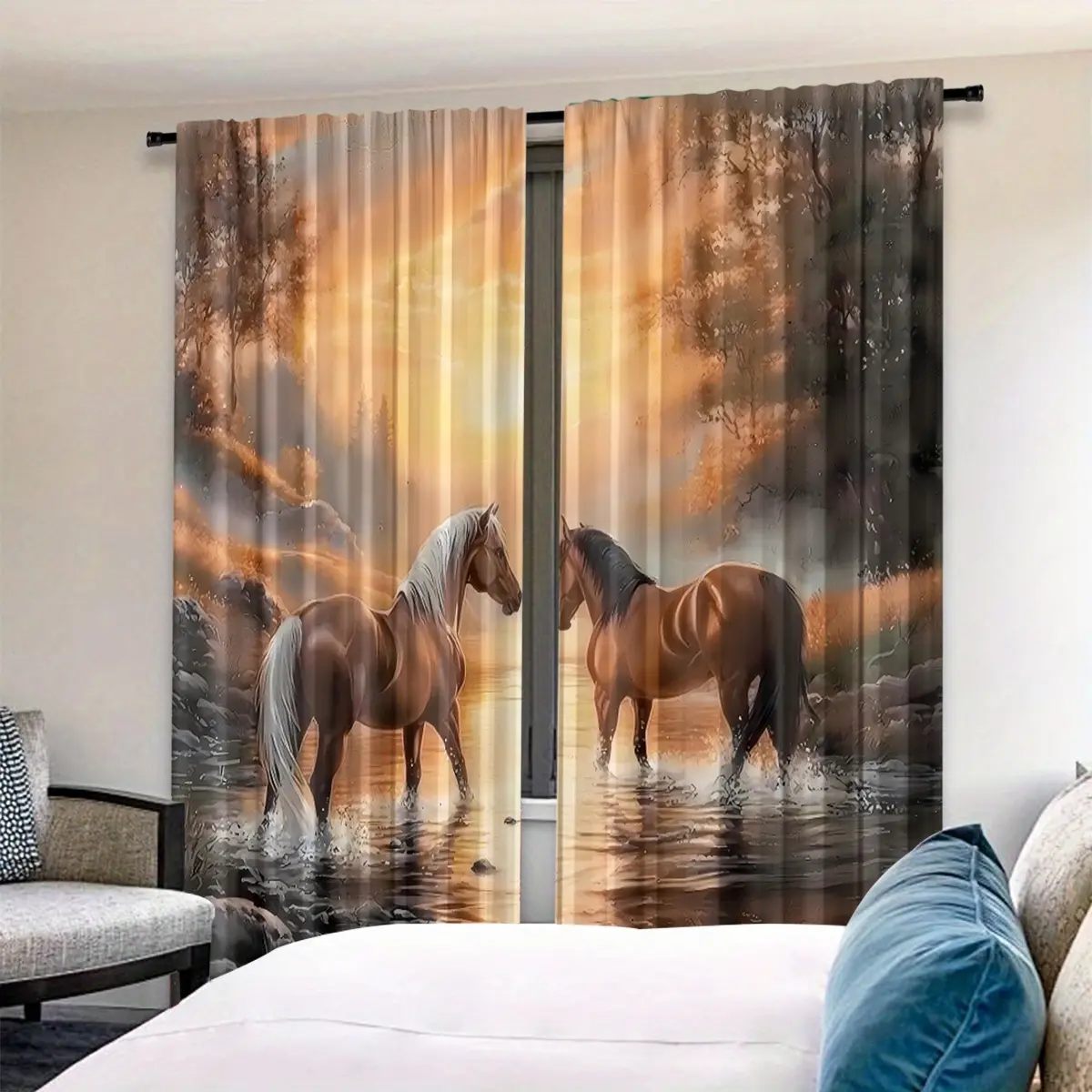 2 Piece Window Curtain Home Decorative Curtain Oil Painting Horse Print, Natural Poetic Style, Window Drapes, Suitable for Living Room Bedroom Art Atmosphere Decoration