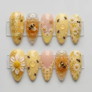Handmade Honeycomb Press On Nails | 3D Honey Bee & Daisy Nail Art | Sweet Yellow Gingham Garden Nails