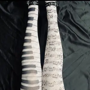 Anime Punk Rock Piano Note Print Over Knee Socks with Gothic Lace Cuff and Street Style