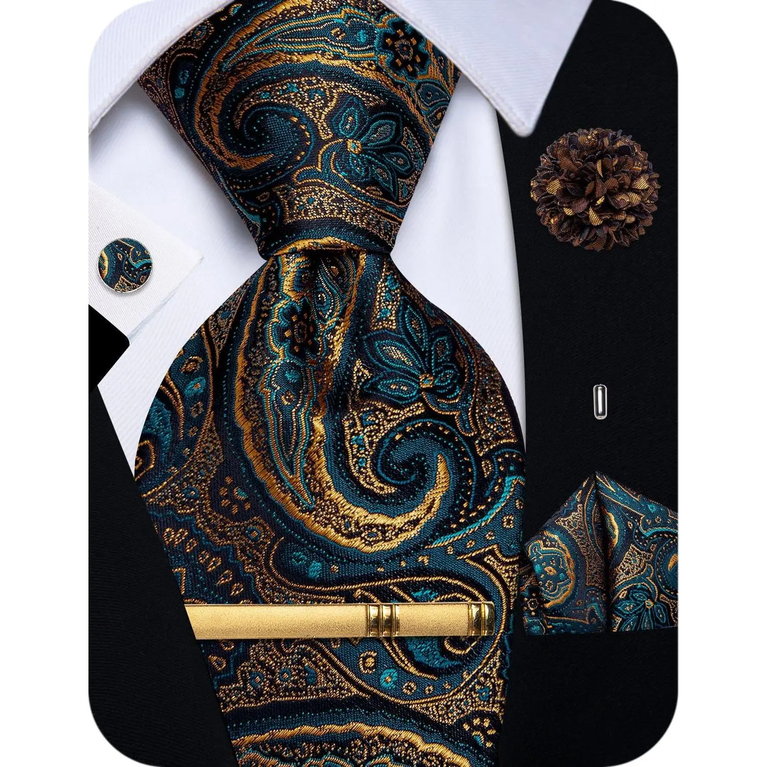 Men's Silk Paisley Necktie Set - Blue-Green Patterned, Colorful, Boxed - Includes Pocket Square, Cufflinks, Tie Clip, Lapel Pin, Brooch - For Wedding, Business Events, Blue-Green Patterned Neckties, Colorful Neckties