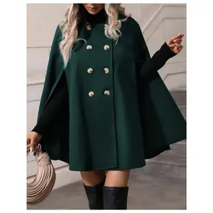 's Dark Green Double Breasted Cape Coat - Vintage Elegant Collar Winter Coat with Golden-Tone Buttons, Single-Breasted Outer Layer & Inner Wear Potential, Hand Washable Non-Stretch Jacket for Autumn/Winter (Office, Parties, Commute)