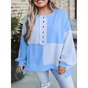 A women's loose long-sleeved Drop Shoulder hooded sweatshirt with patchwork color-blocking and buttoned lapels, casual, fashionable and versatile.