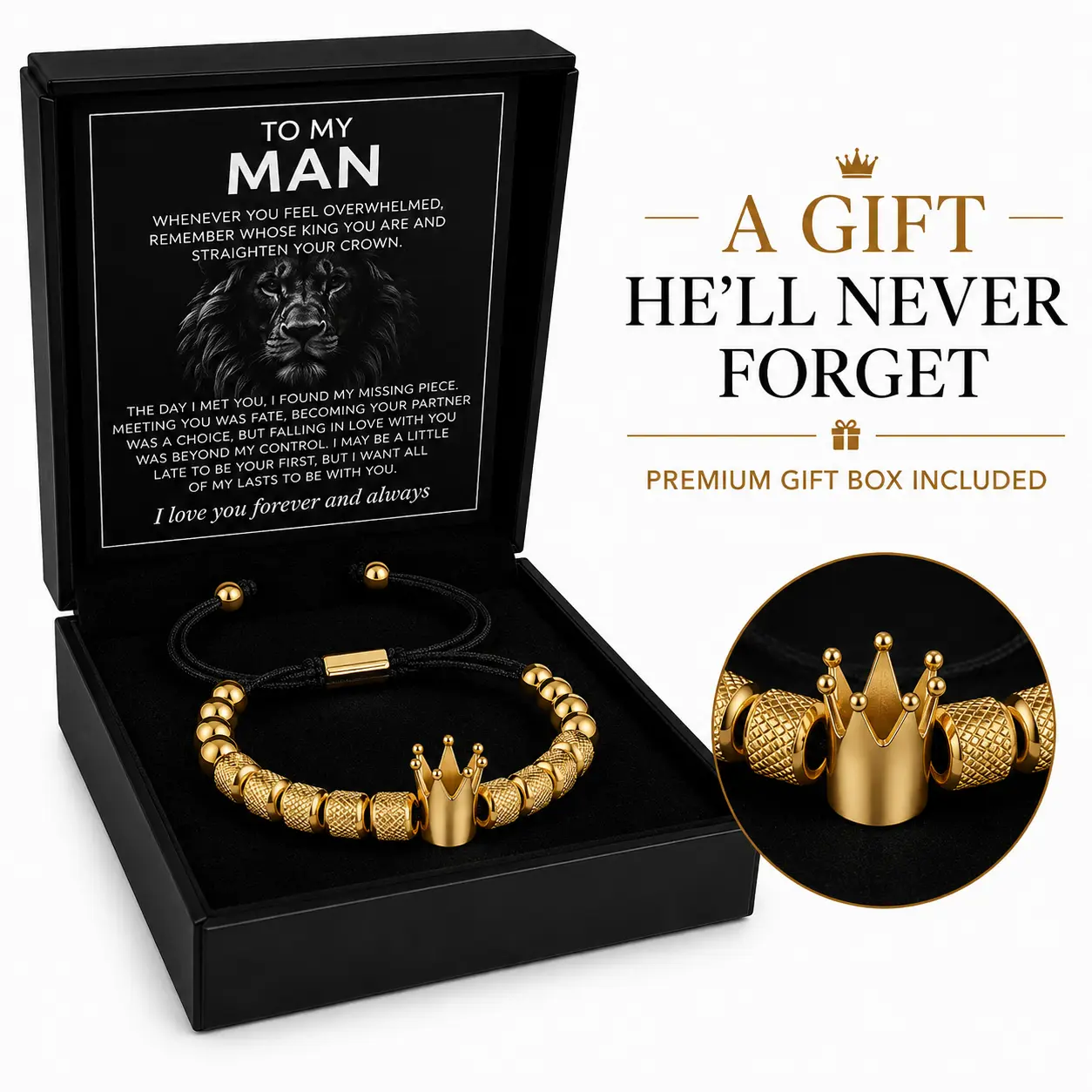 Men's Crown Bracelet Gift for Him – Father's Day Gift for  Husband Dad Boyfriend Brother, Adjustable Gold Stainless  Steel, Luxury Gift Box Included