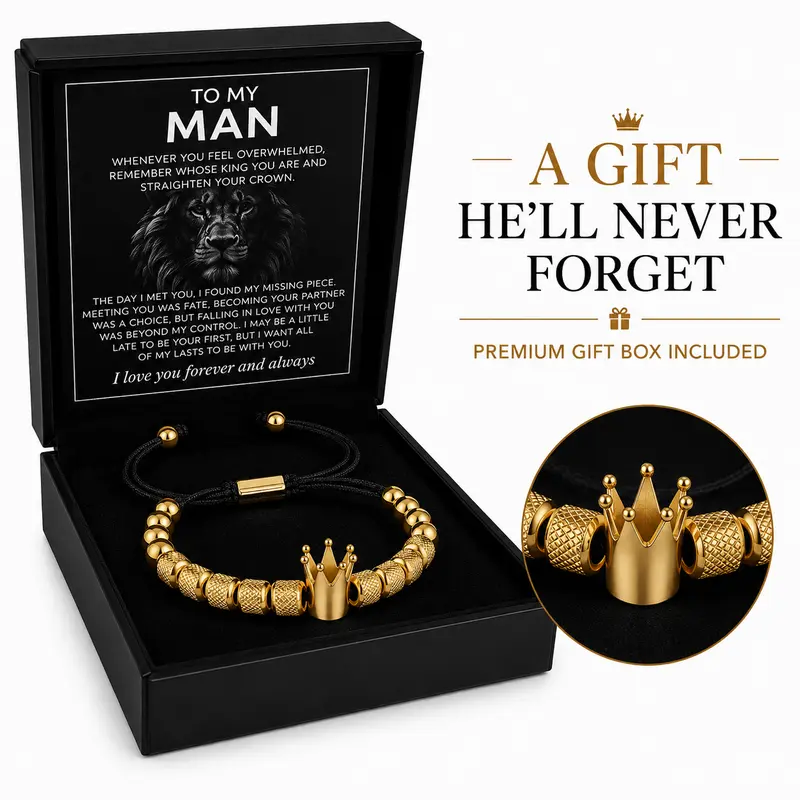 Men's Crown Bracelet Gift for Him – Father's Day Gift for Husband Dad Boyfriend Brother, Adjustable Gold Stainless Steel, Luxury Gift Box Included