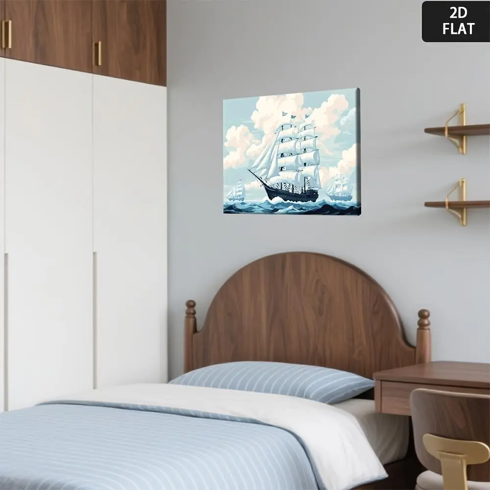 2D Flat, Nautical Sailing Ship Wall Art - Modern Art Deco Wooden Framed Canvas Painting, Waterproof & Easy to Hang, Blue Ocean Waves & White Sails Maritime Decor for Living Room, Bedroom, Home Office - Elegant Gift Idea for Sailing Enthusiasts	