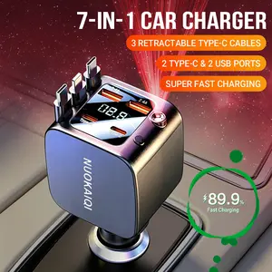 Nuokaiqi Retractable Star Light Car Cup Holder Charger with Built-in Cables, 180° Rotating 7-Port USB-C, Super Fast Charging, LED Voltage Display, Car Accessories for iPhone 15/14, Galaxy Devices