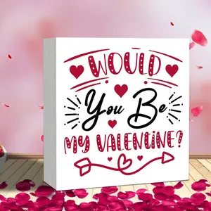 2D Flat 1PC Valentine's Day White Wood Box Decorative Sign Plaque Would You Be My Valentine Desk Decor 5x5 Inches Home Study Living Room Bedroom Office Shelf And Table Decor