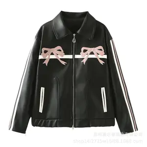 Zar Sweet and Cool Black Leather Jacket with Bow for Women