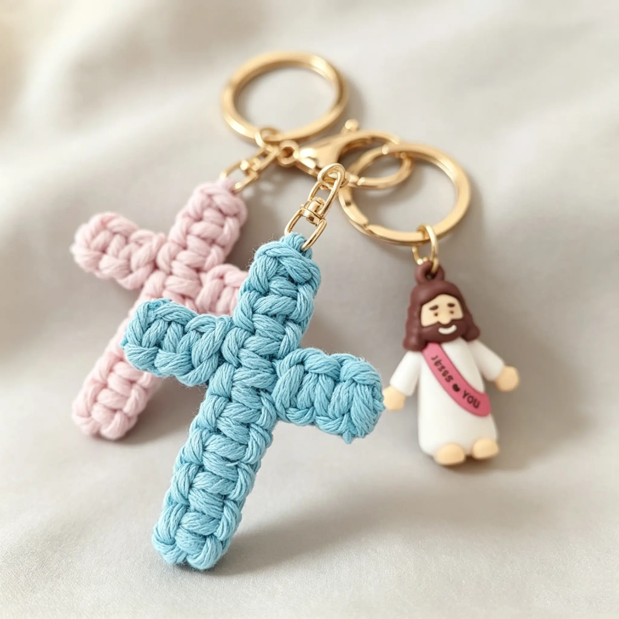 Christian Keychain for Backpack, Handmade Crochet Cross Jesus Charm 2 Pack, Cute Faith Pendant for School Bags Daily Church Decor, Soft Lightweight Knitted Religious Keychain, Unisex Christian Gift for Students Couples Best Friends Baptism Birthday Easter